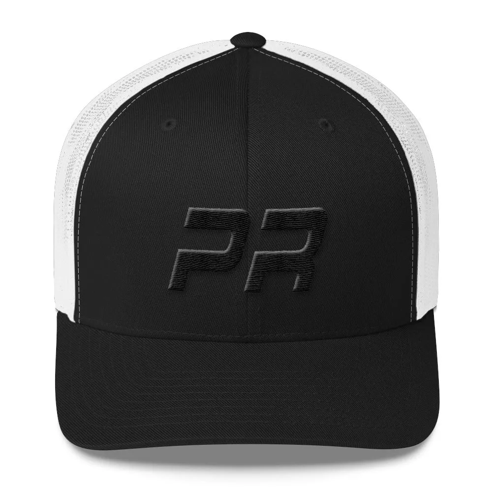 Puerto Rico - Mesh Back Trucker Cap - Black Embroidery - PR - Many Hat Color Options Available