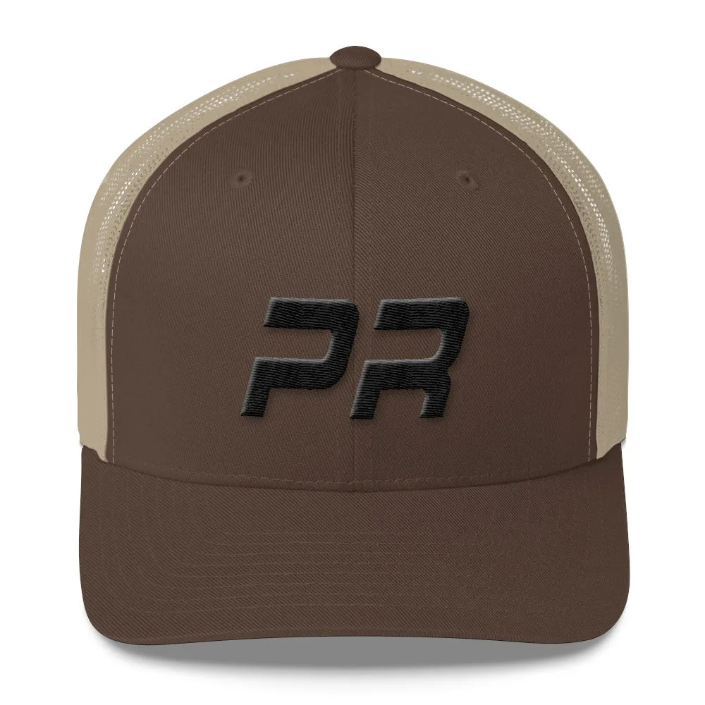 Puerto Rico - Mesh Back Trucker Cap - Black Embroidery - PR - Many Hat Color Options Available