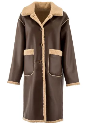 Reversible Faux Leather Teddy Lined Coat in Coffee