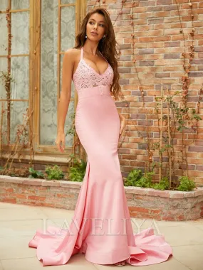 Sheath Halter Appliques Lace Sweep Train Charmeuse Dress  #YP230171