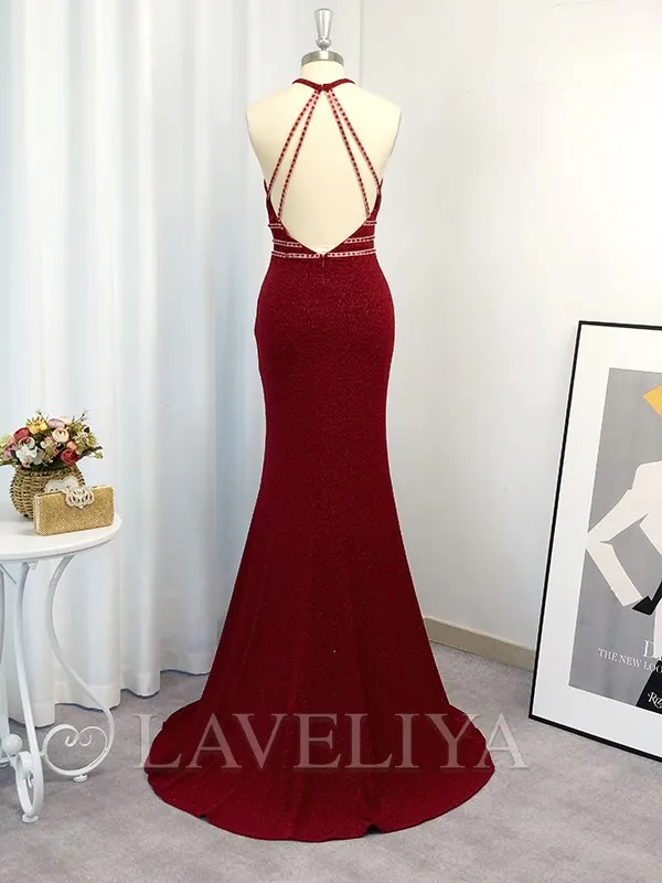 Sheath Halter Beading Sweep Train Dress  #YP230343