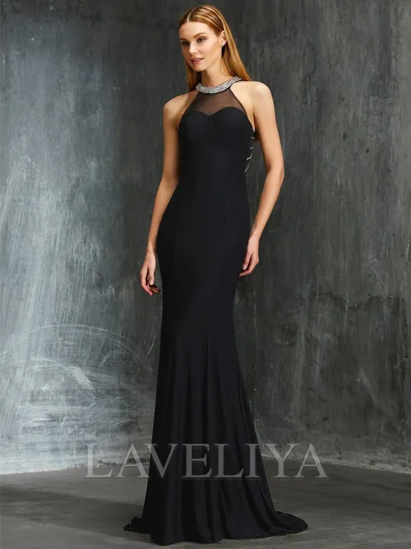 Sheath Jewel Beading Sweep Train Jersey Dress  #YP230225