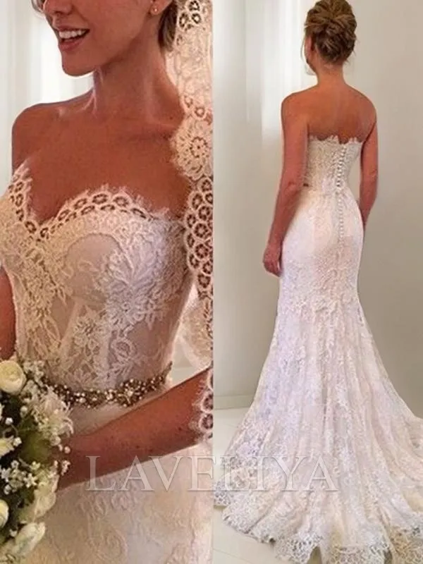 Sheath Sweetheart Beading Sweep Train Lace Wedding Dress  #WW0104