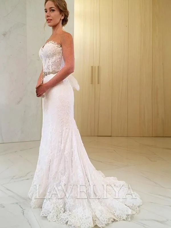 Sheath Sweetheart Beading Sweep Train Lace Wedding Dress  #WW0104