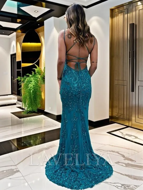 Sheath V-neck Sequin Sweep Train Dress  #PE0089