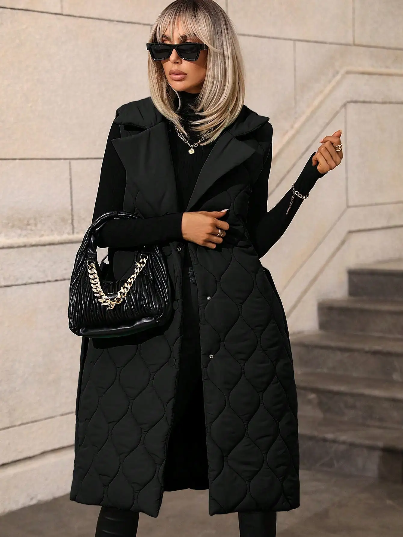 Solid Lapel Neck Belted Quilted Vest Coat