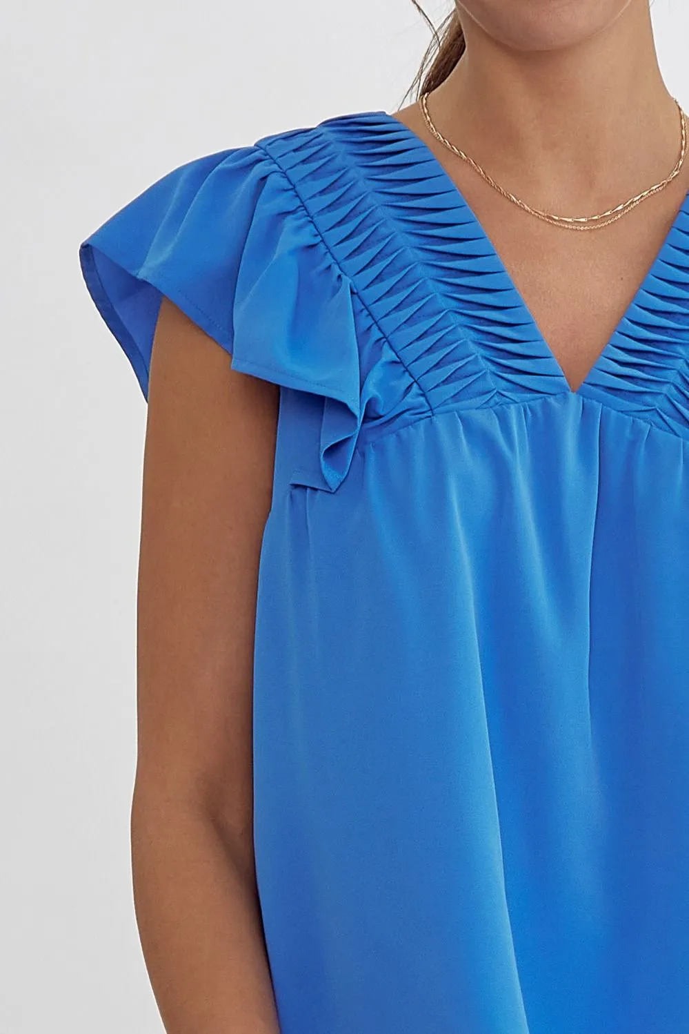 Solid V-Neck Sleeveless Ruffle Detail Top