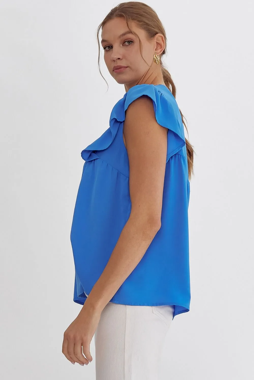 Solid V-Neck Sleeveless Ruffle Detail Top