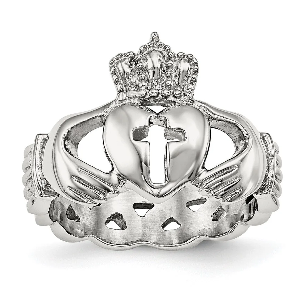 Stainless Steel Polished Claddagh Cross Standard Fit Ring