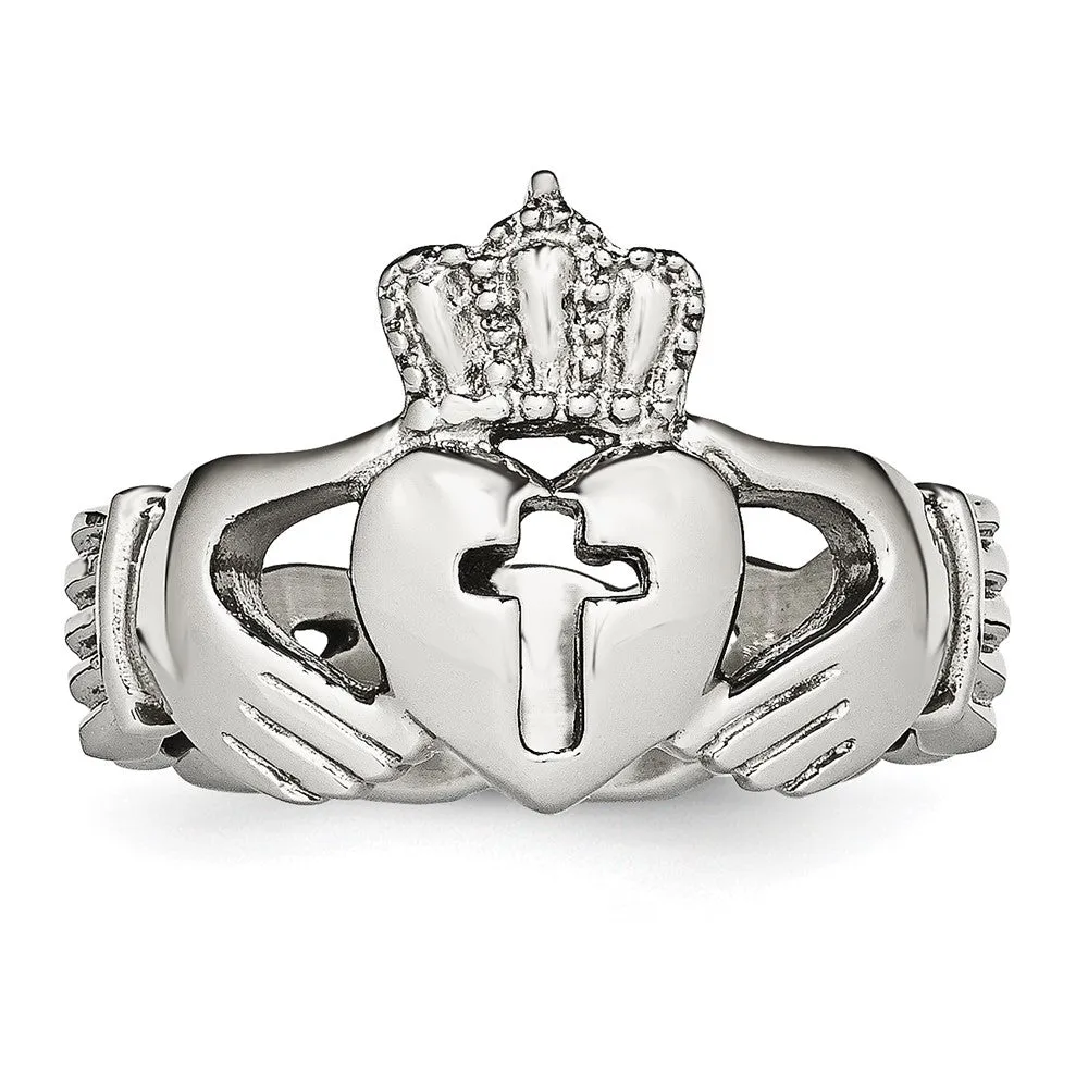 Stainless Steel Polished Claddagh Cross Standard Fit Ring