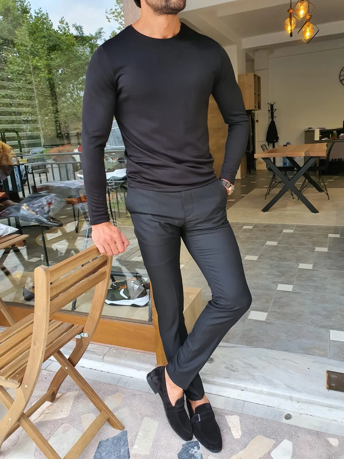 Stefano Black Slim Fit Round Neck Sweater