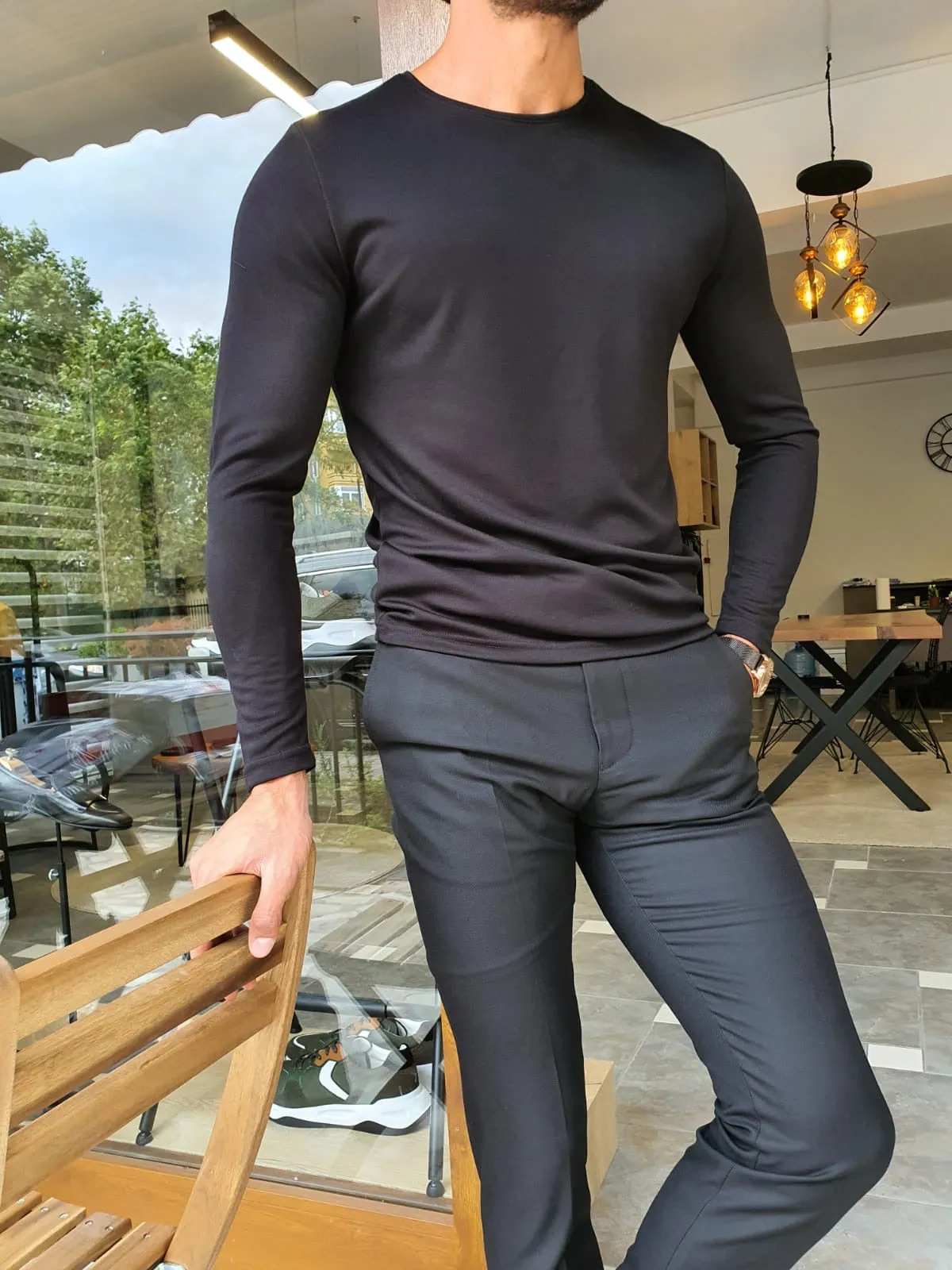 Stefano Black Slim Fit Round Neck Sweater