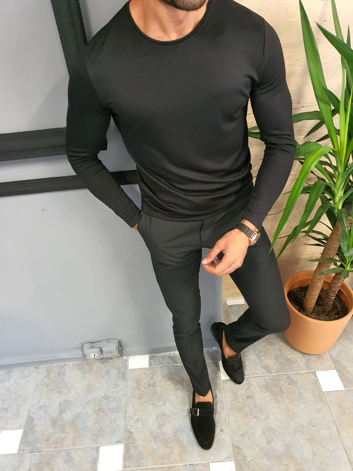 Stefano Black Slim Fit Round Neck Sweater