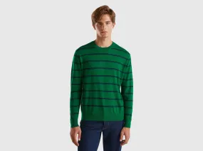 Striped sweater in pure Merino wool - Green | Benetton