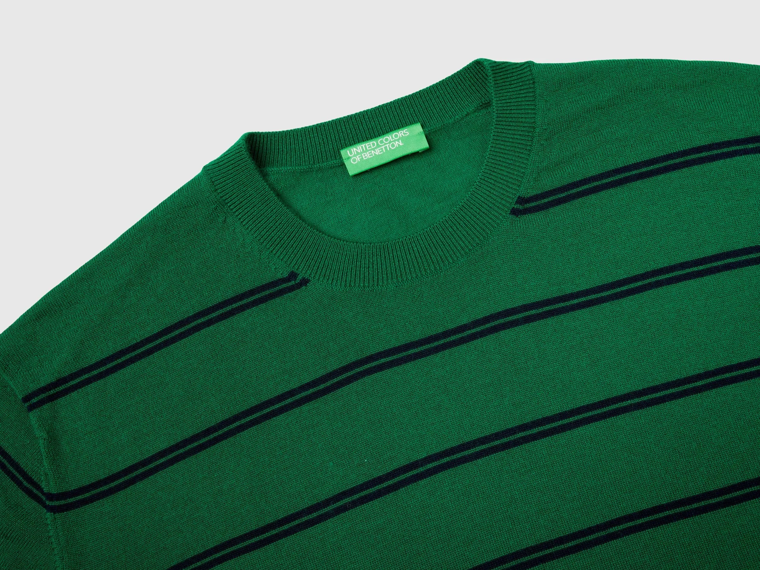 Striped sweater in pure Merino wool - Green | Benetton