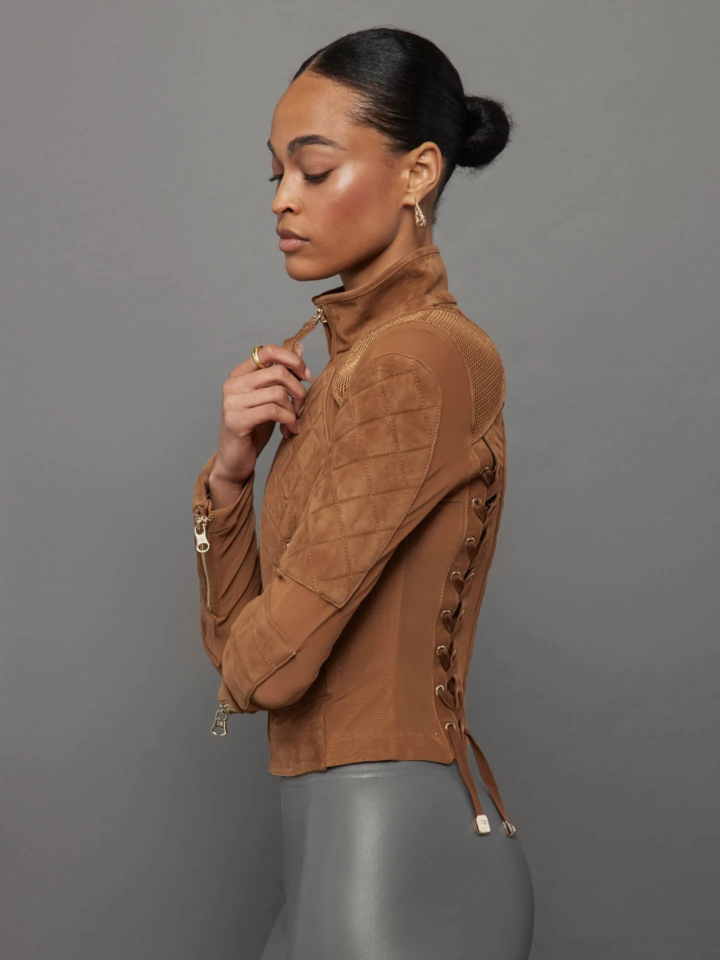 Suede Moto Mesh Jacket - Brown Sugar/ Gold