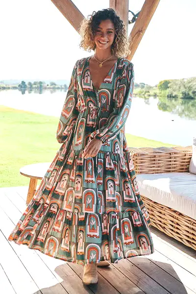 Teresa Maxi Dress Emerald Arches Print