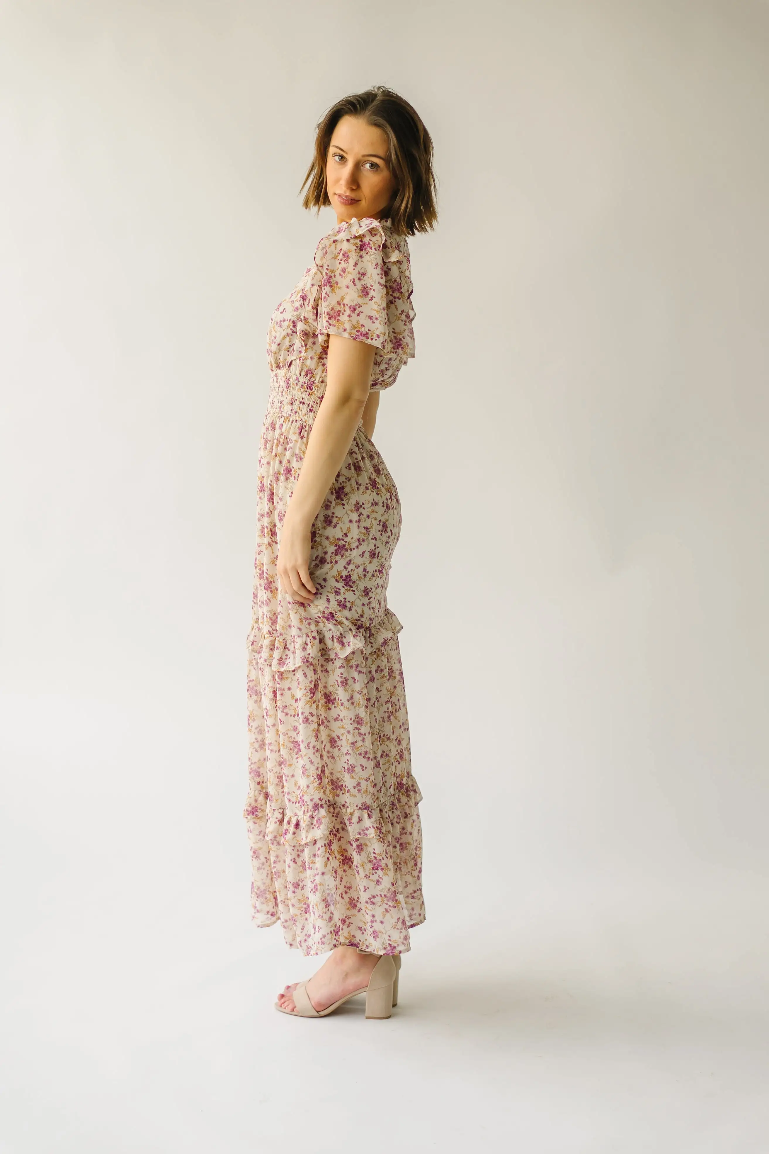 The Creighton Floral Button Detail Maxi Dress in Beige Multi