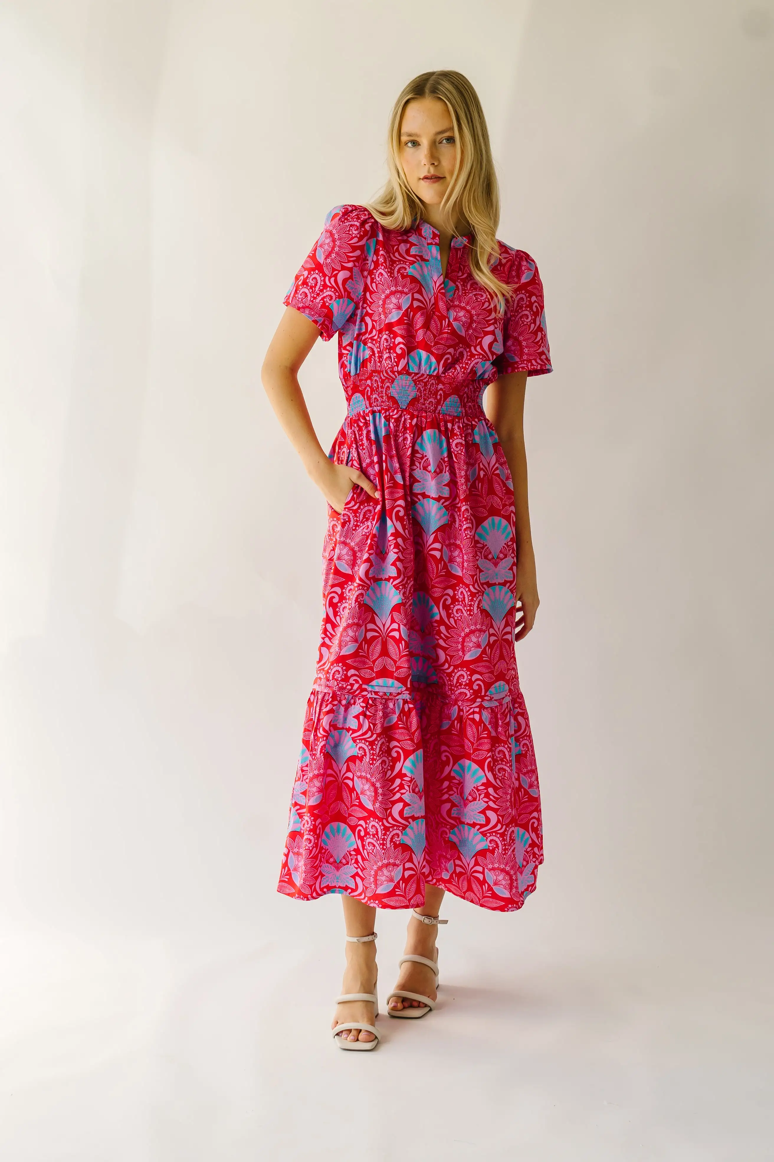 The Stebbins Floral Poplin Maxi Dress in Red + Blue Multi