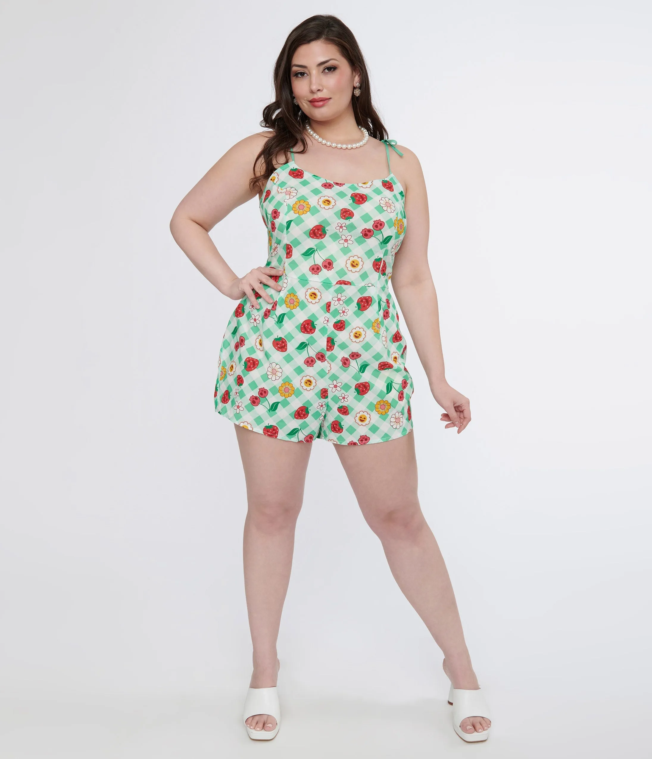 Unique Vintage Plus Size 1950s Green Gingham Spooky Fruit Print Romper & Skirt Set