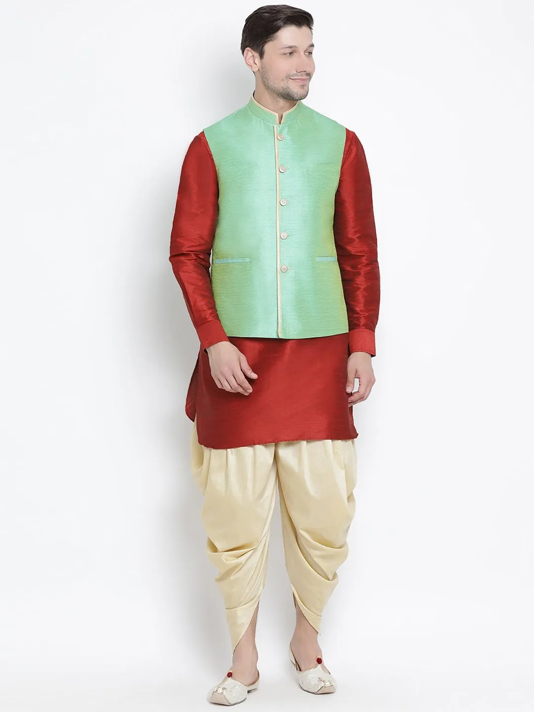 VASTRAMAY Men's Maroon Cotton Silk Blend Ethnic Jacket, Kurta and Dhoti Pant Set