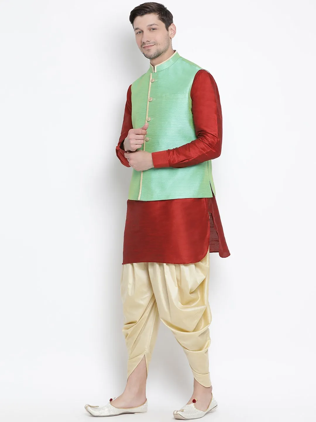 VASTRAMAY Men's Maroon Cotton Silk Blend Ethnic Jacket, Kurta and Dhoti Pant Set