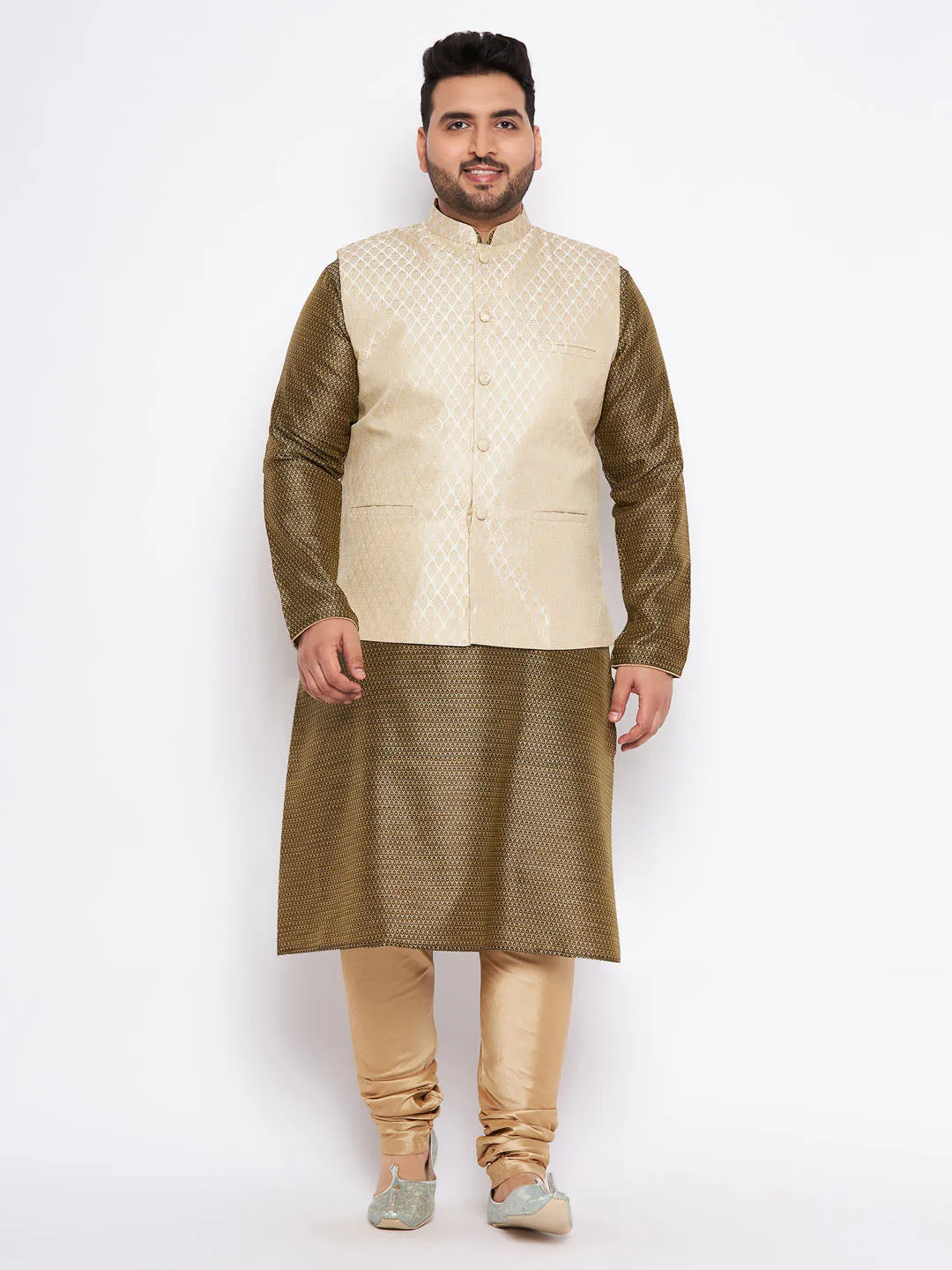 VASTRAMAY Men's Plus Size Cream Ethnic Cream Jacket With Black Silk Blend Kurta and Golden Pyjama Set