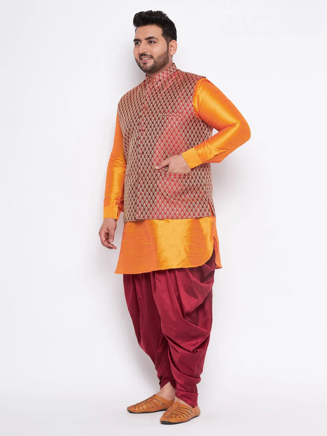 VASTRAMAY Men's Plus Size Maroon Woven jacket And Orange kurta And Dhoti Set