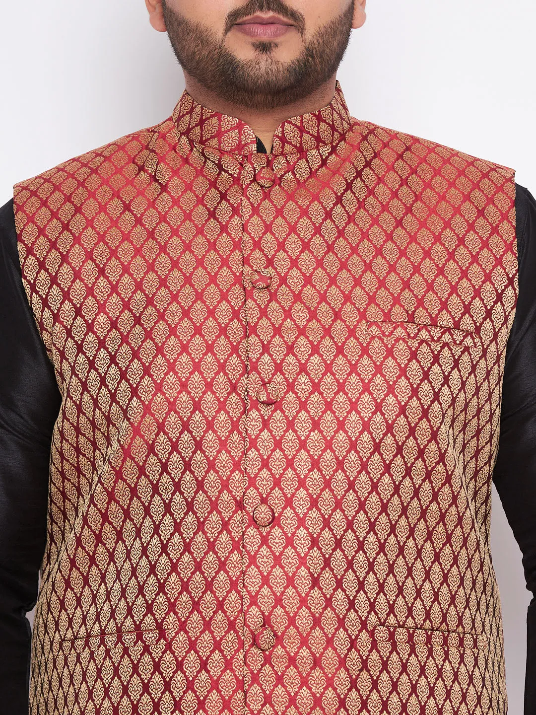 VASTRAMAY Men's Plus Size Maroon Woven Nehru Jacket With Black Kurta And Pyjama Set