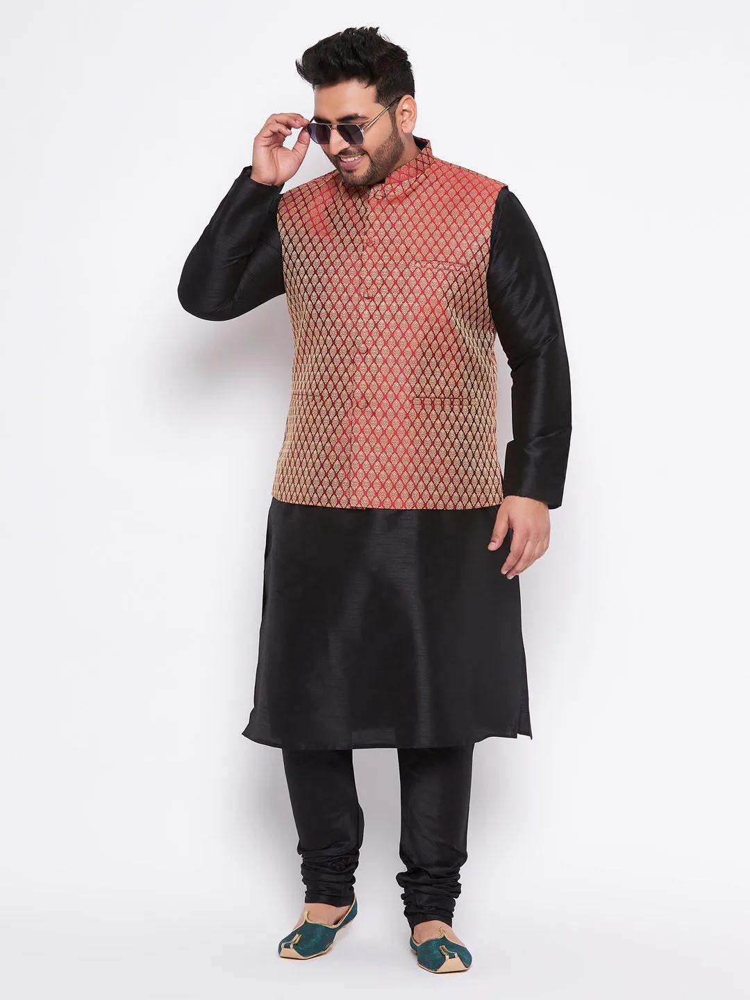 VASTRAMAY Men's Plus Size Maroon Woven Nehru Jacket With Black Kurta And Pyjama Set