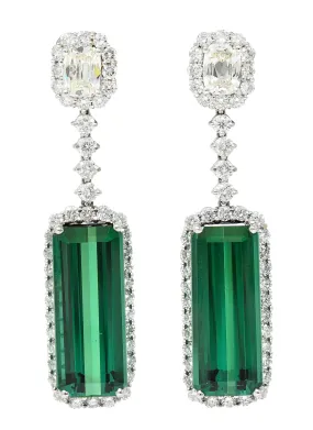 Vintage 21.10 CTW Green Tourmaline Diamond 18 Karat White Gold Cluster Gemstone Drop Earrings