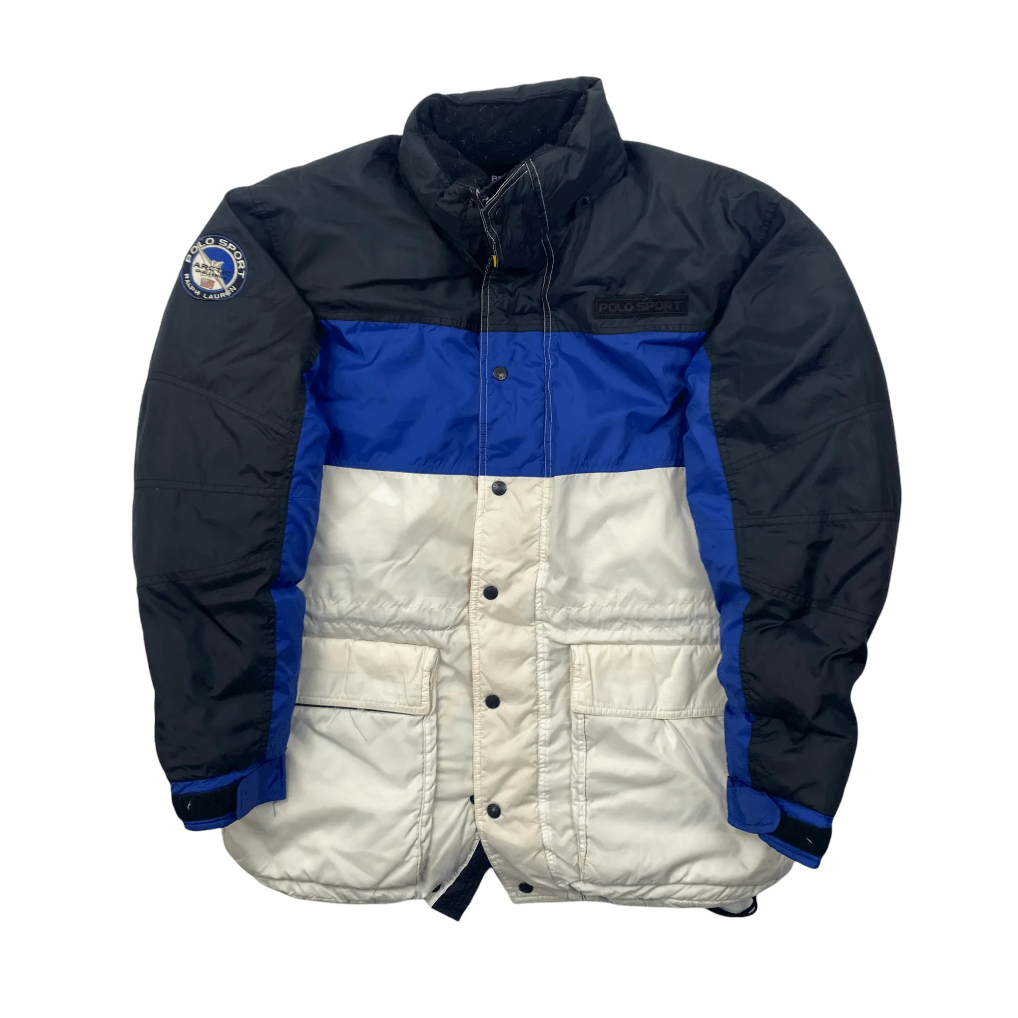 Vintage 90s Blue, White + Black Ralph Lauren Polo Sport Artic Challenge Puffer Coat/ Jacket - Large