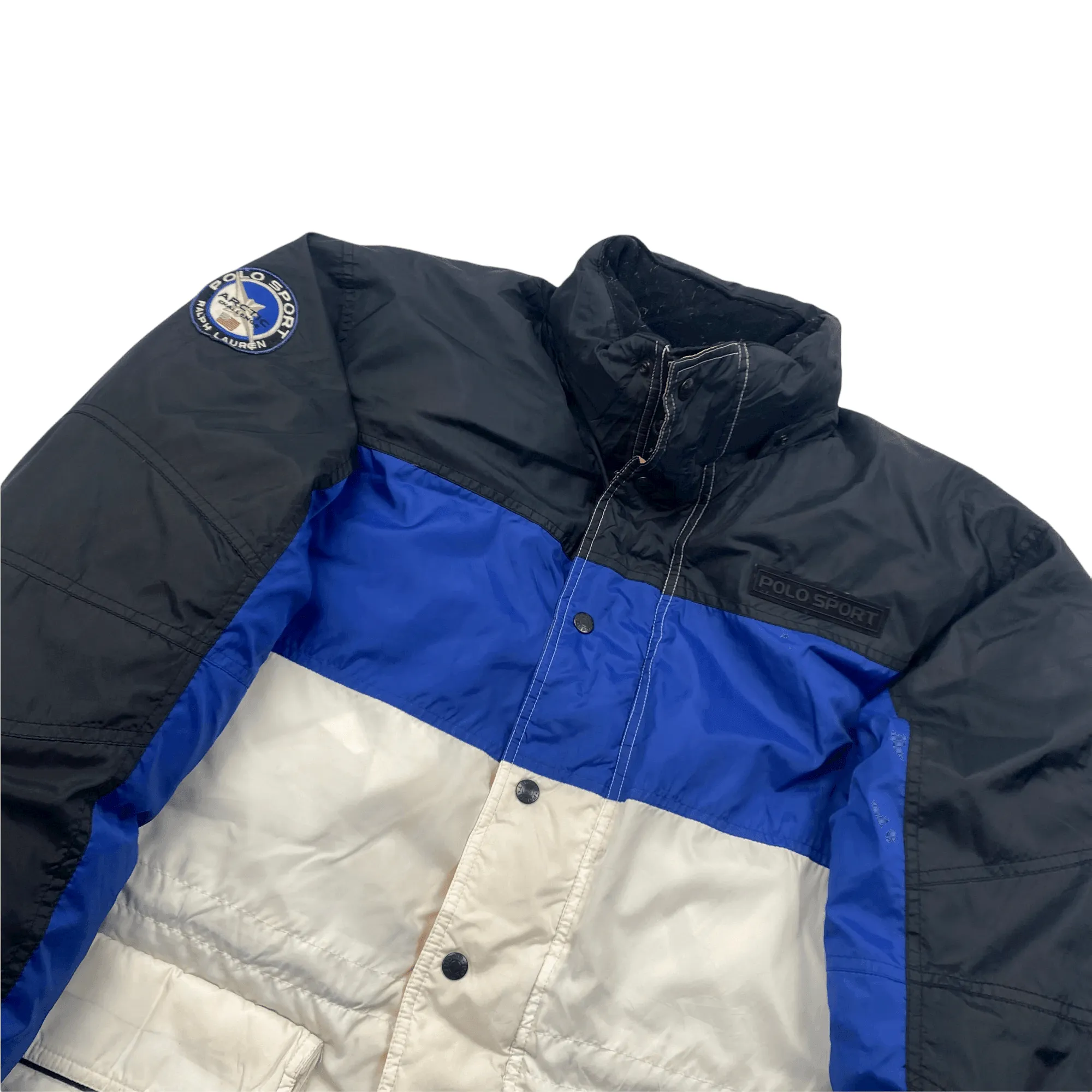 Vintage 90s Blue, White + Black Ralph Lauren Polo Sport Artic Challenge Puffer Coat/ Jacket - Large