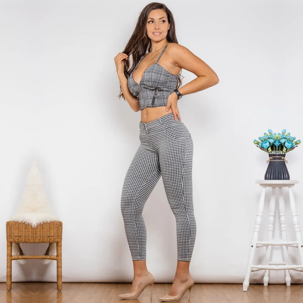 Women's Gray Plaid Zipper Push-Up Top Middle Waist Lifting Pants 2pc Set