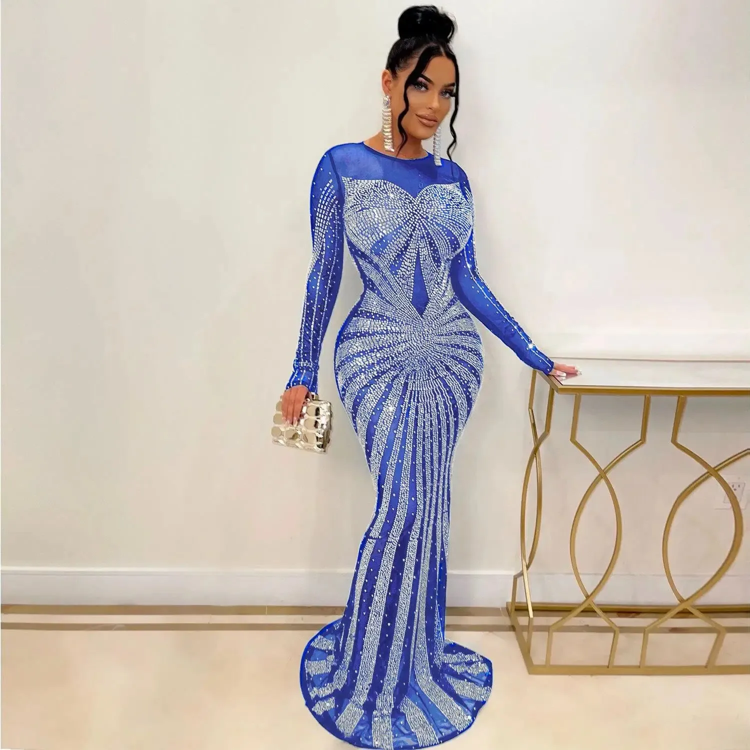 Women's Luxury Deep V Neck Ladder Cut-out Sequin Cover-up Long Maxi Dress