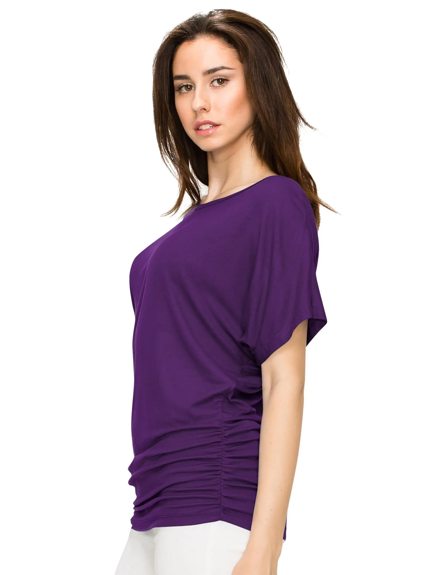 Women's Solid Short Sleeve Boat Neck V-Neck Dolman Top